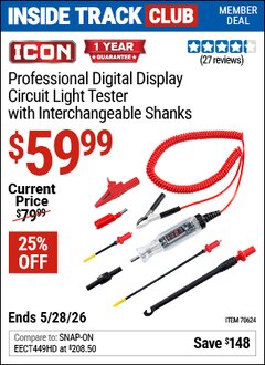 Harbor Freight ITC Coupon ICON PROFESSIONAL DIGITAL DISPLAY CIRCUIT LIGHT TESTER WITH INTERCHANGEABLE SHANKS Lot No. 70624 Valid Thru: 5/28/26 - $59.99