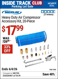 Harbor Freight Coupon MERLIN HEAVY DUTY AIR COMPRESSOR ACCESSORY KIT, 20-PIECE Lot No. 72805 Valid: 12/31/69 - 6/4/26 - $17.99