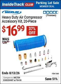 Harbor Freight ITC Coupon MERLIN HEAVY DUTY AIR COMPRESSOR ACCESSORY KIT, 20-PIECE Lot No. 72805 Valid Thru: 8/13/26 - $16.99