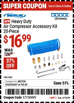 Harbor Freight Coupon MERLIN HEAVY DUTY AIR COMPRESSOR ACCESSORY KIT, 20-PIECE Lot No. 72805 Expired: 4/19/26 - $16.99