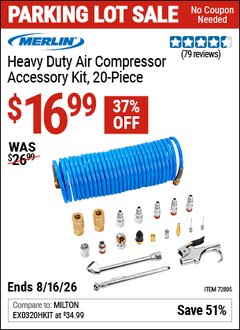 Harbor Freight Coupon MERLIN HEAVY DUTY AIR COMPRESSOR ACCESSORY KIT, 20-PIECE Lot No. 72805 EXPIRES: 8/16/26 - $16.99