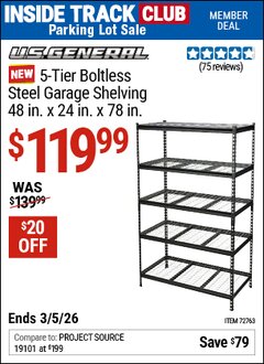 Harbor Freight ITC Coupon U.S. GENERAL 5-TIER BOLTLESS STEEL GARAGE SHELVING, 48 IN. X 24 IN. X 78 IN. Lot No. 72763 Expired: 3/5/26 - $119.99