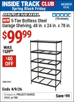 Harbor Freight ITC Coupon U.S. GENERAL 5-TIER BOLTLESS STEEL GARAGE SHELVING, 48 IN. X 24 IN. X 78 IN. Lot No. 72763 Expired: 4/9/26 - $99.99