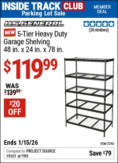 Harbor Freight ITC Coupon U.S. GENERAL 5-TIER BOLTLESS STEEL GARAGE SHELVING, 48 IN. X 24 IN. X 78 IN. Lot No. 72763 Expired: 1/15/26 - $119.99