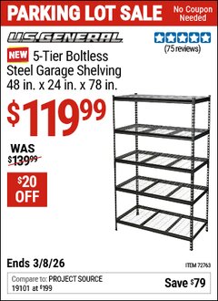 Harbor Freight Coupon U.S. GENERAL 5-TIER BOLTLESS STEEL GARAGE SHELVING, 48 IN. X 24 IN. X 78 IN. Lot No. 72763 Expired: 3/8/26 - $119.99