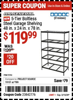 Harbor Freight Coupon U.S. GENERAL 5-TIER BOLTLESS STEEL GARAGE SHELVING, 48 IN. X 24 IN. X 78 IN. Lot No. 72763 Expired: 3/15/26 - $119.99