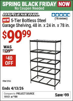 Harbor Freight Coupon U.S. GENERAL 5-TIER BOLTLESS STEEL GARAGE SHELVING, 48 IN. X 24 IN. X 78 IN. Lot No. 72763 Expired: 4/12/26 - $99.99
