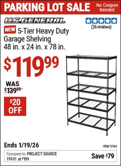 Harbor Freight Coupon U.S. GENERAL 5-TIER BOLTLESS STEEL GARAGE SHELVING, 48 IN. X 24 IN. X 78 IN. Lot No. 72763 Expired: 12/31/69 - $119.99