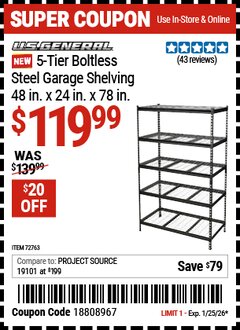 Harbor Freight Coupon U.S. GENERAL 5-TIER BOLTLESS STEEL GARAGE SHELVING, 48 IN. X 24 IN. X 78 IN. Lot No. 72763 Expired: 1/25/26 - $119.99