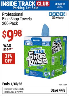 Harbor Freight ITC Coupon TOOLBOX PROFESSIONAL BLUE SHOP TOWELS 200-PACK Lot No. 73330 Expired: 1/15/26 - $9.98