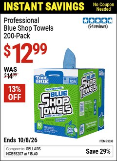 Harbor Freight Coupon TOOLBOX PROFESSIONAL BLUE SHOP TOWELS 200-PACK Lot No. 73330 Valid Thru: 10/8/26 - $12.99