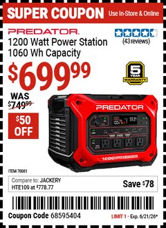 Harbor Freight Coupon PREDATOR 1200 WATT POWER STATION, 1060 WH CAPACITY Lot No. 70081 Expired: 6/21/26 - $699.99