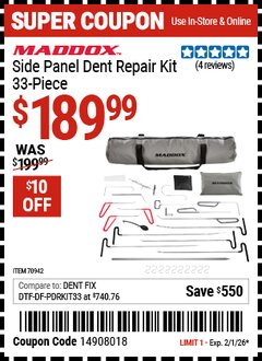 Harbor Freight Coupon MADDOX SIDE PANEL DENT REPAIR KIT, 33-PIECE Lot No. 70942 EXPIRES: 2/1/26 - $189.99