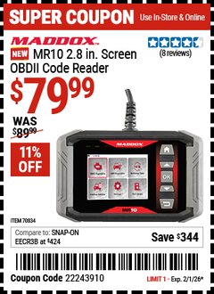 Harbor Freight Coupon MADDOX MR10 2.8 IN. SCREEN OBDII CODE READER Lot No. 70834 EXPIRES: 2/1/26 - $79.99