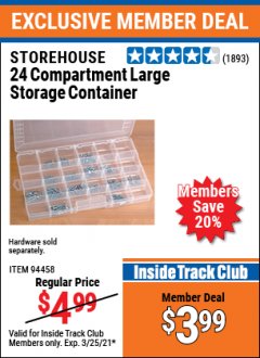 Harbor Freight ITC Coupon STOREHOUSE 24 COMPARTMENT LARGE STORAGE CONTAINER Lot No. 94458 Expired: 3/25/21 - $3.99