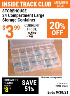 Harbor Freight ITC Coupon 24 COMPARTMENT LARGE STORAGE CONTAINER Lot No. 61881/94458 Expired: 9/30/21 - $3.99