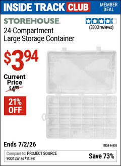 Harbor Freight Coupon STOREHOUSE 24-COMPARTMENT LARGE STORAGE CONTAINER Lot No. 94458 Valid: 12/31/69 - 7/2/26 - $3.94