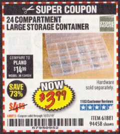 Harbor Freight Coupon 24 COMPARTMENT LARGE STORAGE CONTAINER Lot No. 61881/94458 Expired: 10/31/19 - $3.99
