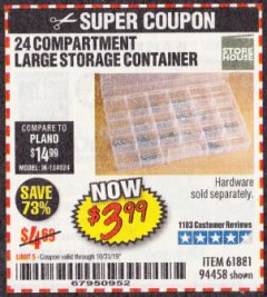 Harbor Freight Coupon STOREHOUSE 24 COMPARTMENT LARGE STORAGE CONTAINER Lot No. 94458 Expired: 10/31/19 - $3.99