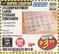 Harbor Freight Coupon 24 COMPARTMENT LARGE STORAGE CONTAINER Lot No. 61881/94458 Expired: 11/30/19 - $3.99