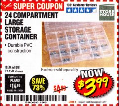 Harbor Freight Coupon STOREHOUSE 24 COMPARTMENT LARGE STORAGE CONTAINER Lot No. 94458 Expired: 3/31/20 - $3.99