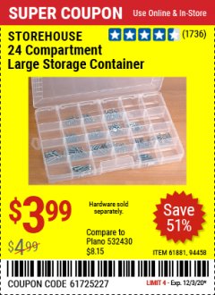 Harbor Freight Coupon STOREHOUSE 24 COMPARTMENT LARGE STORAGE CONTAINER Lot No. 94458 Expired: 12/3/20 - $3.99