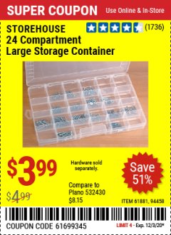 Harbor Freight Coupon 24 COMPARTMENT LARGE STORAGE CONTAINER Lot No. 61881/94458 Expired: 12/3/20 - $3.99