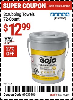 Harbor Freight Coupon GOJO SCRUBBING TOWELS, 72-COUNT Lot No. 73226 EXPIRES: 7/5/26 - $12.99