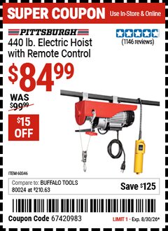 Harbor Freight Coupon PITTSBURGH 440 LB. ELECTRIC HOIST WITH REMOTE CONTROL Lot No. 60346 Valid Thru: 8/30/26 - $84.99