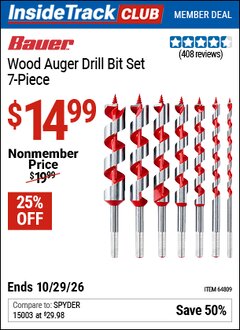 Harbor Freight ITC Coupon BAUER WOOD AUGER DRILL BIT SET, 7-PIECE Lot No. 64809 Valid Thru: 10/29/26 - $14.99