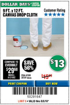 Harbor Freight Coupon 9 FT. x 12 FT. CANVAS DROP CLOTH Lot No. 69308/38109 Expired: 8/5/18 - $13