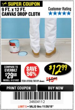 Harbor Freight Coupon 9 FT. x 12 FT. CANVAS DROP CLOTH Lot No. 69308/38109 Expired: 11/30/18 - $12.99
