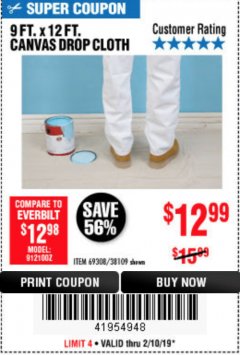 Harbor Freight Coupon 9 X 12 CANVAS DROP CLOTH Lot No. 38109 Expired: 2/10/19 - $12.99