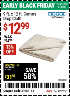 Harbor Freight Coupon 9 FT. x 12 FT. CANVAS DROP CLOTH Lot No. 38109 Expired: 11/12/23 - $12.99