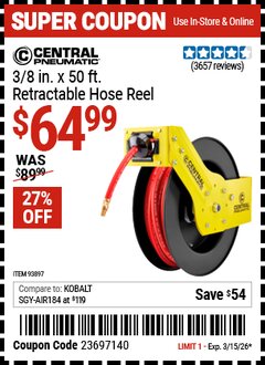 Harbor Freight Coupon CENTRAL PNEUMATIC 3/8 IN. X 50 FT. RETRACTABLE HOSE REEL Lot No. 93897/64685 Expired: 3/15/26 - $64.99