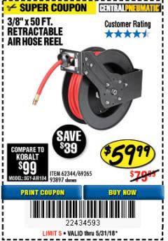 Harbor Freight Coupon RETRACTABLE AIR HOSE REEL WITH 3/8" x 50 FT. HOSE Lot No. 93897/69265/62344 Expired: 5/31/18 - $59.99