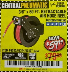 Harbor Freight Coupon RETRACTABLE AIR HOSE REEL WITH 3/8" x 50 FT. HOSE Lot No. 93897/69265/62344 Expired: 9/18/18 - $59.99