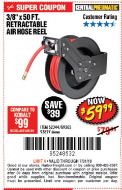 Harbor Freight Coupon CENTRAL PNEUMATIC 3/8 IN. X 50 FT. RETRACTABLE HOSE REEL Lot No. 93897/64685 Expired: 7/31/18 - $59.99