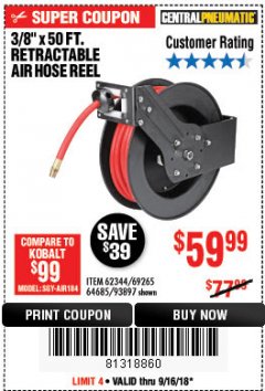 Harbor Freight Coupon RETRACTABLE AIR HOSE REEL WITH 3/8" x 50 FT. HOSE Lot No. 93897/69265/62344 Expired: 9/16/18 - $59.99