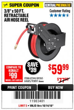 Harbor Freight Coupon RETRACTABLE AIR HOSE REEL WITH 3/8" x 50 FT. HOSE Lot No. 93897/69265/62344 Expired: 10/14/18 - $59.99