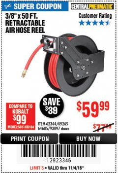 Harbor Freight Coupon RETRACTABLE AIR HOSE REEL WITH 3/8" x 50 FT. HOSE Lot No. 93897/69265/62344 Expired: 11/4/18 - $59.99