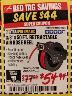 Harbor Freight Coupon CENTRAL PNEUMATIC 3/8 IN. X 50 FT. RETRACTABLE HOSE REEL Lot No. 93897/64685 Expired: 12/31/18 - $54.94