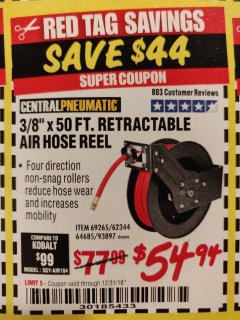 Harbor Freight Coupon RETRACTABLE AIR HOSE REEL WITH 3/8" x 50 FT. HOSE Lot No. 93897/69265/62344 Expired: 12/31/18 - $54.94