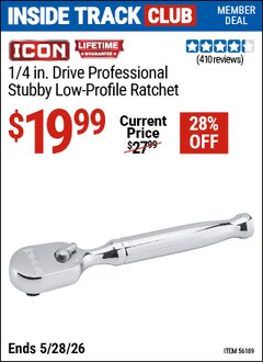 Harbor Freight ITC Coupon ICON 1/4 IN. DRIVE PROFESSIONAL STUBBY LOW-PROFILE RATCHET Lot No. 56189 Valid Thru: 5/28/26 - $19.99