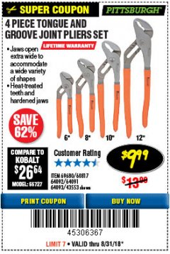 Harbor Freight Coupon 4 PIECE TONGUE AND GROOVE JOINT PLIERS SET Lot No. 60817/69376/69680/43553 Expired: 8/31/18 - $9.99