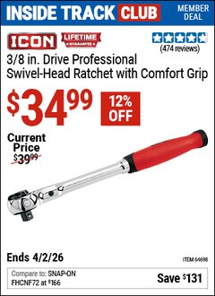 Harbor Freight ITC Coupon ICON 3/8 IN. DRIVE PROFESSIONAL SWIVEL-HEAD RATCHET WITH COMFORT GRIP Lot No. 64698 Expired: 3/2/26 - $34.99