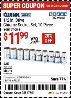 Harbor Freight Coupon QUINN 1/2 IN. DRIVE CHROME SOCKET SET, 10-PIECE Lot No. 64224/64226 Valid Thru: 2/16/26 - $11.99