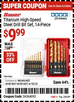 Harbor Freight Coupon BAUER TITANIUM HIGH-SPEED STEEL DRILL BIT SET, 14-PIECE Lot No. 70862 Valid Thru: 3/8/26 - $9.99