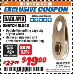 Harbor Freight ITC Coupon SNATCH BLOCK Lot No. 62435/61673 Expired: 11/30/19 - $19.99
