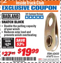 Harbor Freight ITC Coupon SNATCH BLOCK Lot No. 62435/61673 Expired: 4/30/20 - $19.99
